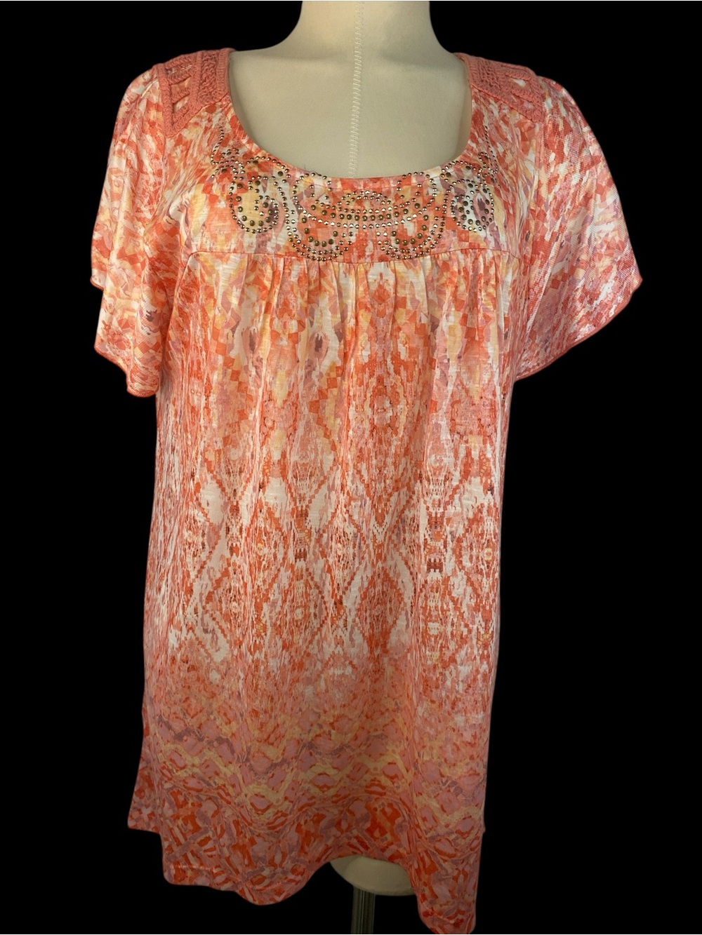 One World  Short-Sleeve Embellished Scoop Neck Top - Coral Women’s Large